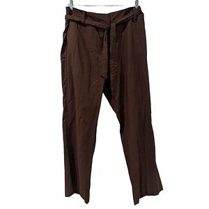 𝅺DAVID N Brown Linen Blend Self Belt Straight Leg Pants Size 16